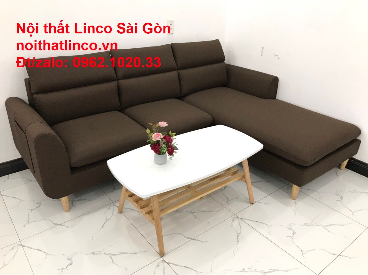 Bộ sofa góc chữ L rẻ | Sofa góc nâu cafe đen đậm giá rẻ đẹp phòng khách | Nội thất Linco HCM Sài Gòn