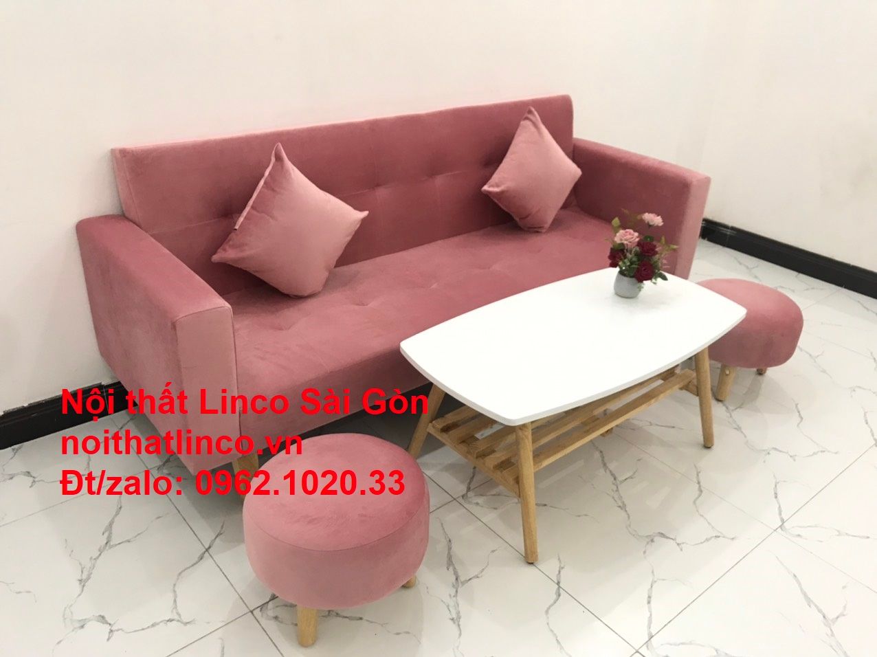 Bộ ghế sofa giường giá rẻ | Salong sopha màu hồng phấn đẹp phòng khách | Nội Thất Linco Sài Gòn