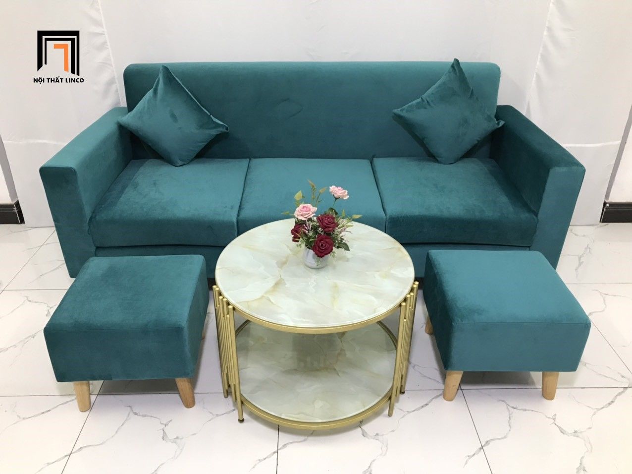 Bộ ghế sofa băng nhỏ gọn NS05 dài 1m9 màu xanh lá vải nhung
