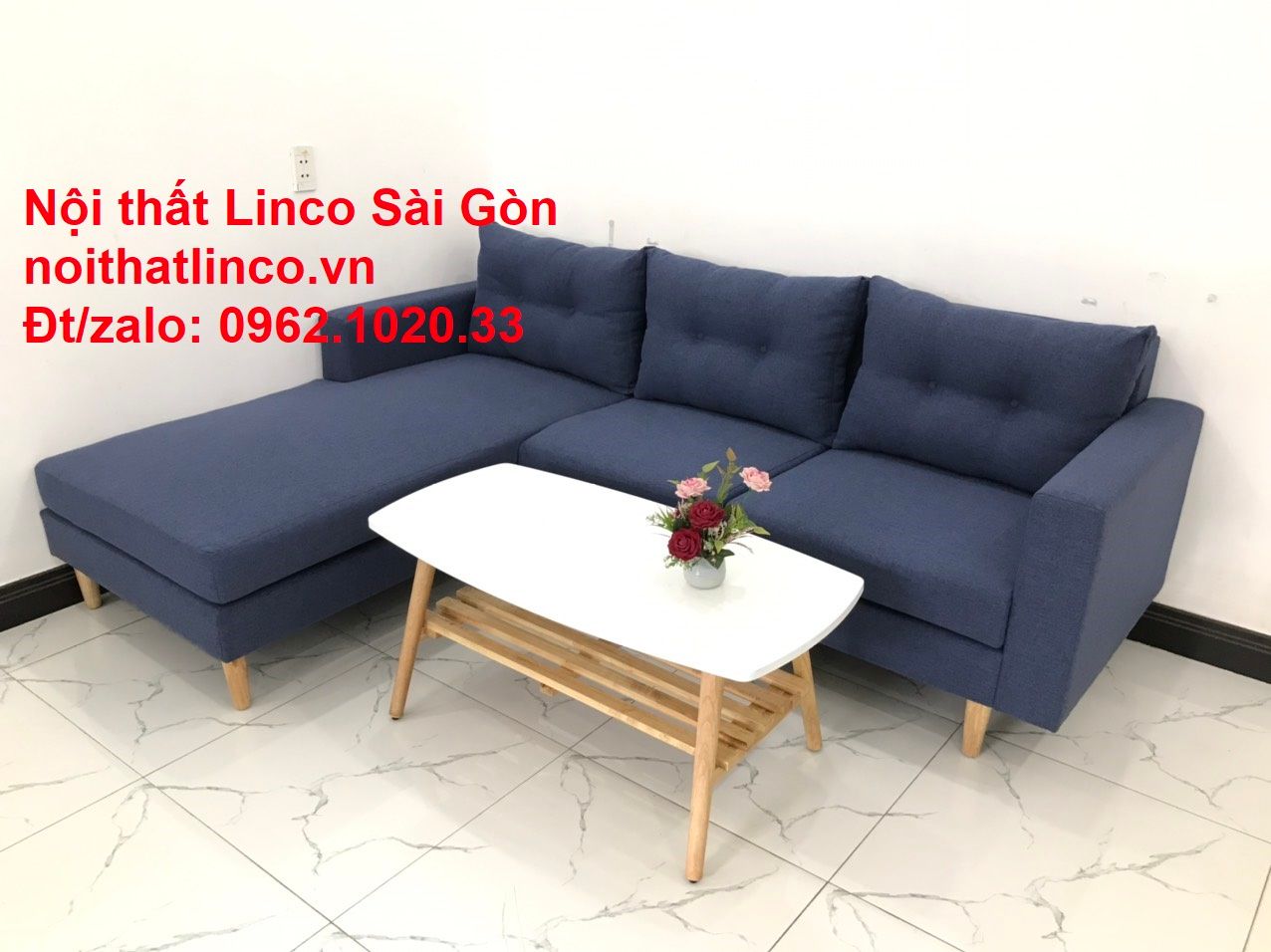 Bộ bàn ghế sofa góc L đẹp, sofa góc dài 2m2 x 1m6 nhỏ giá rẻ xanh dương đen | Nội thất Linco HCM