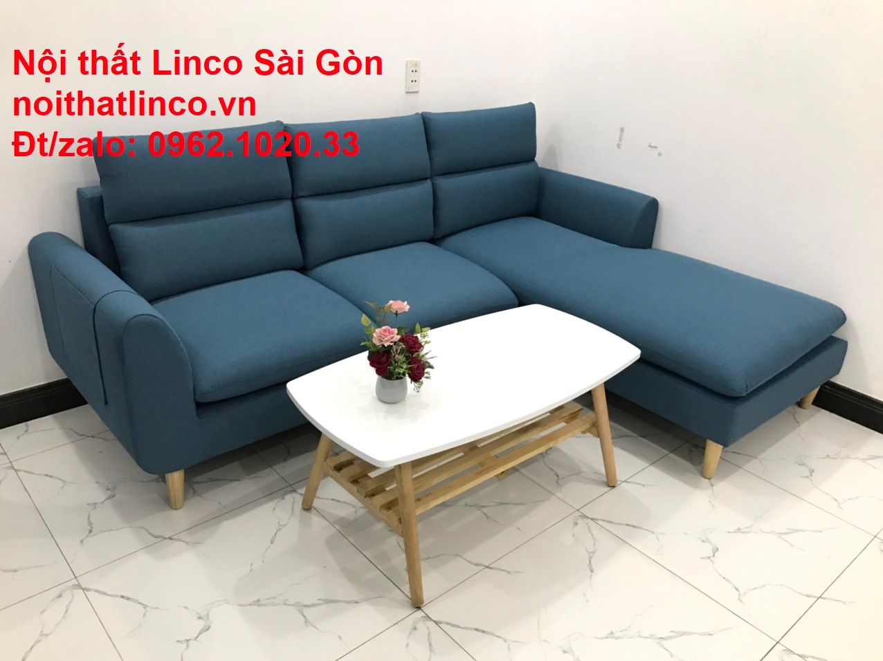 Bộ Sofa Góc chữ L | So pha vải bố xanh dương giá rẻ đẹp phòng khách | Nội thất Linco Sài Gòn