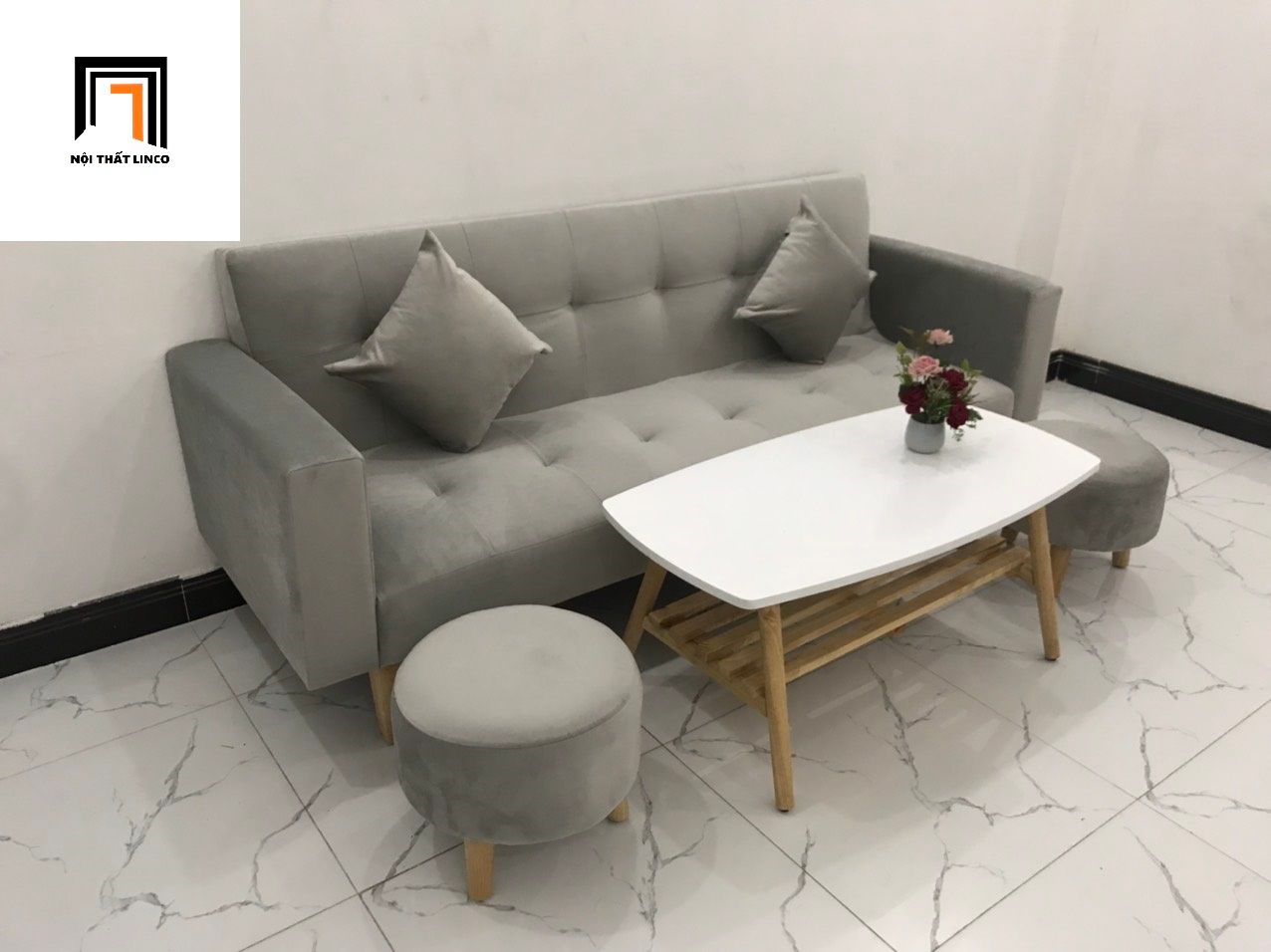 Bộ bàn ghế salon giường giá rẻ dài 2m nhỏ gọn màu xám nhung