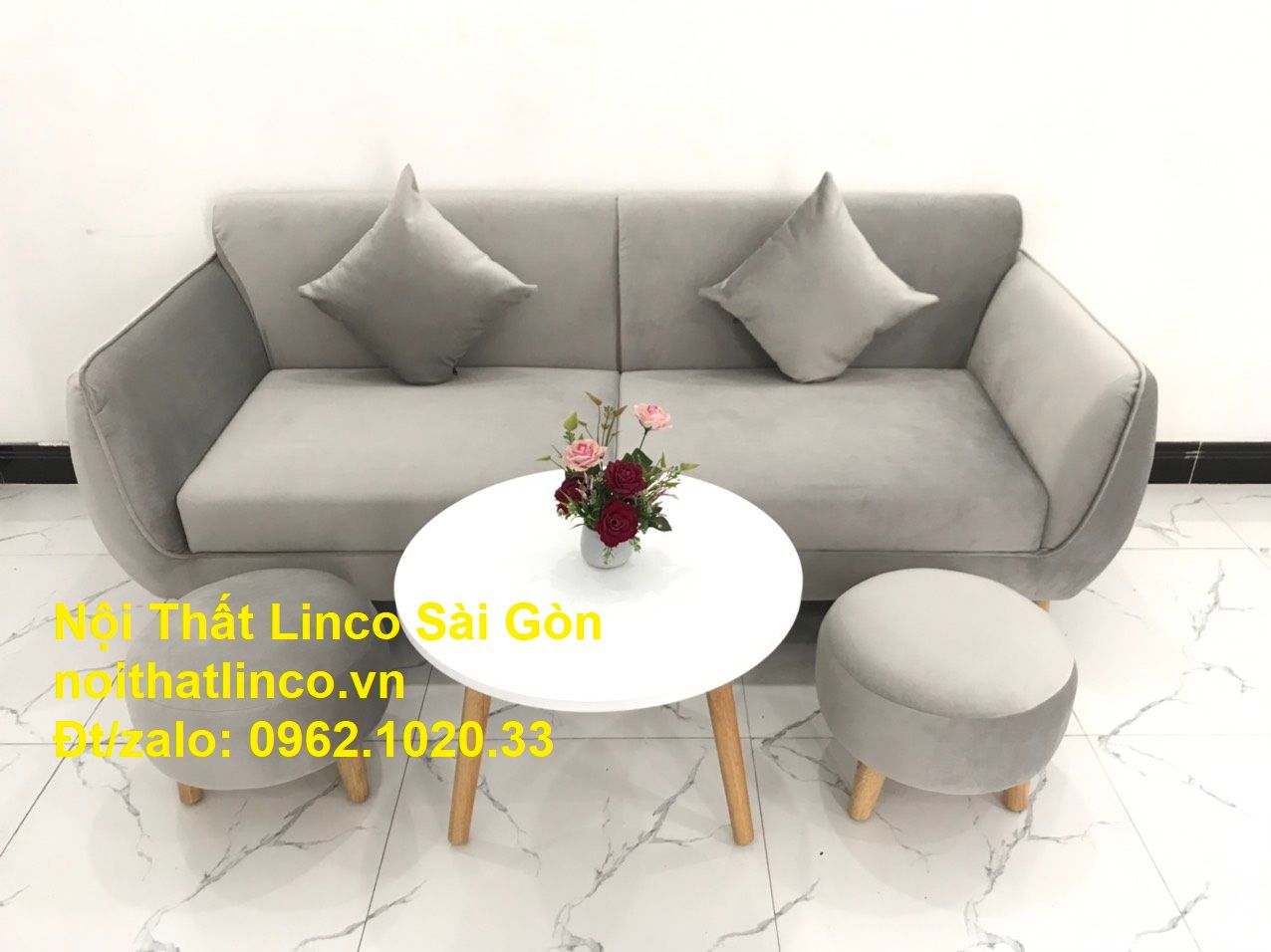 Bộ ghế salong băng dài 1m9 đẹp | Sofa văng xám lông chuột giá rẻ | Nội thất Linco Sài Gòn