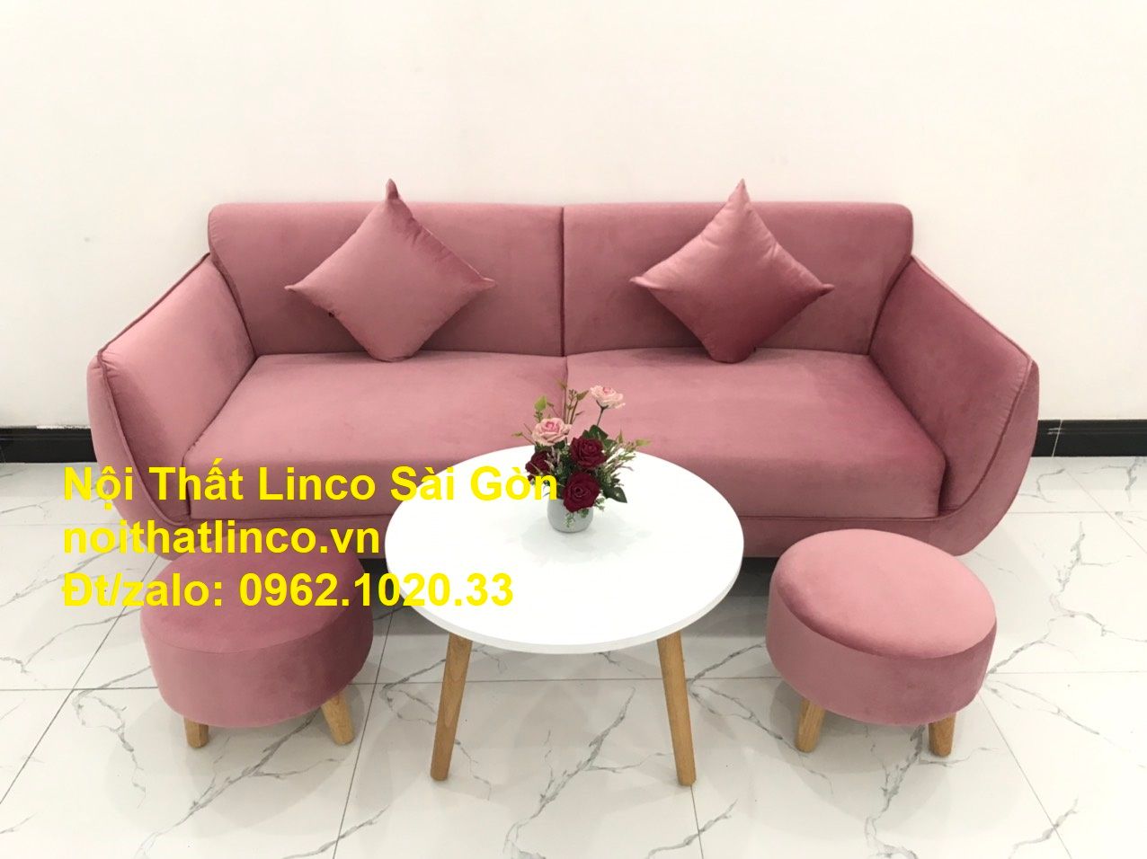 Mẫu sofa băng văng dài 1m9 giá rẻ | so pha Màu hồng phấn cánh sen đẹp ở tại Nội thất Linco Sài Gòn