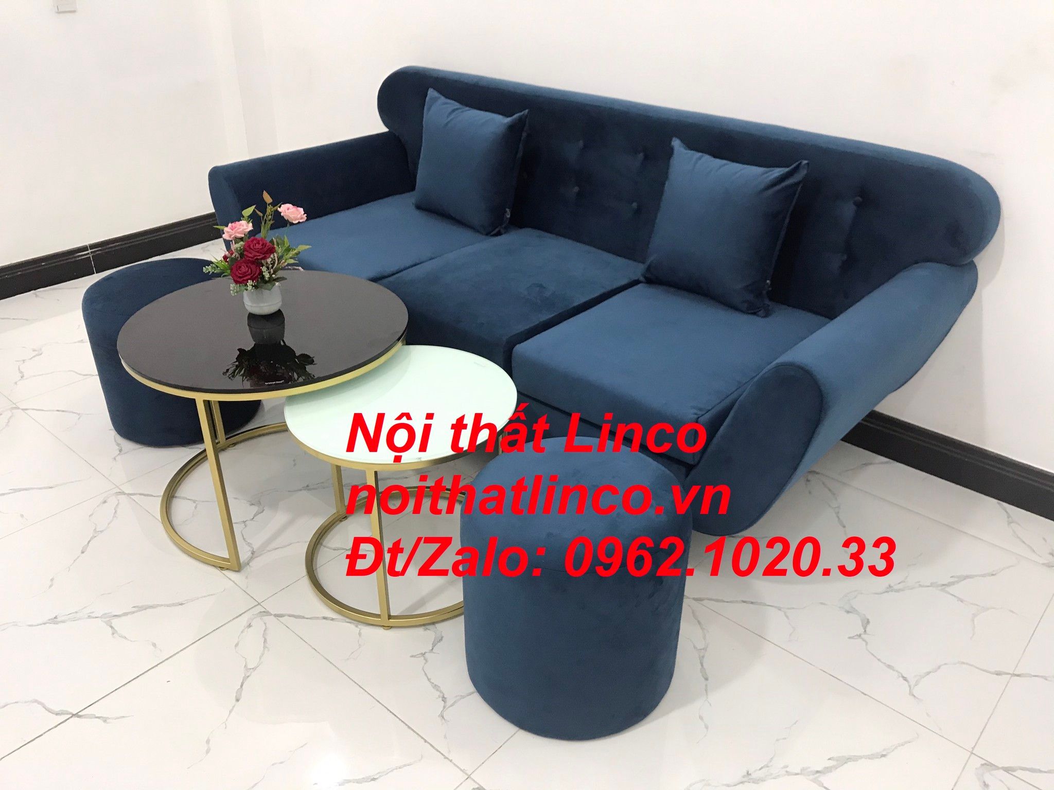 Bộ ghế sofa băng vải nhung BTC dài 1m9 xanh dương đen đậm