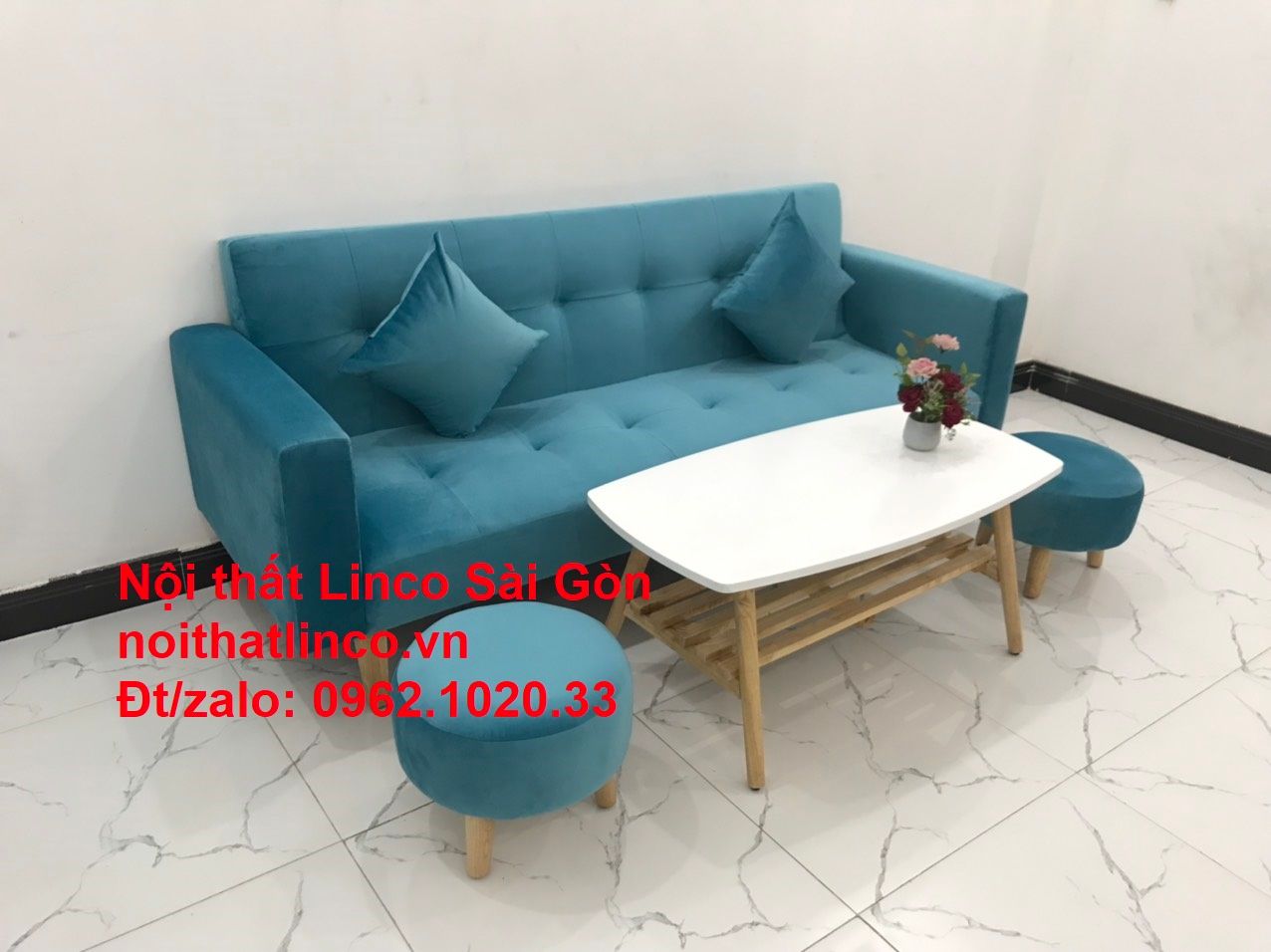 Bộ ghế sofa giường giá rẻ dài 2m màu xanh nước biển cho chung cư