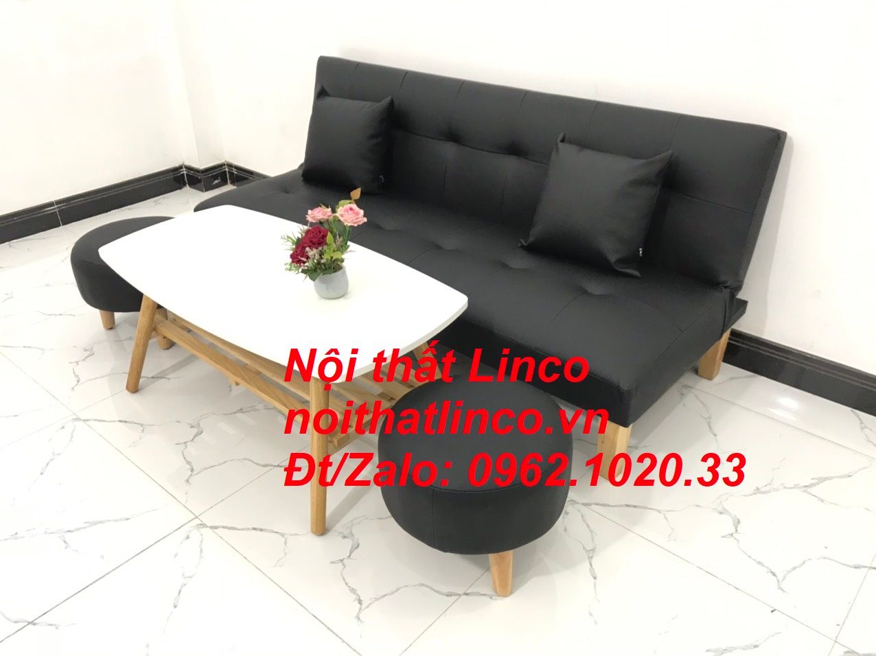 Bộ bàn ghế sofa bed, sofa giường simili đen giá rẻ 1m72