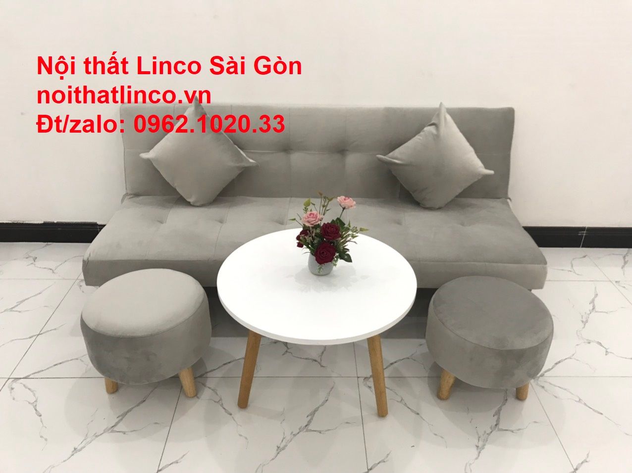 Bộ ghế sofa bed giường nằm nhỏ gọn 1m7 giá rẻ xám lông chuột vải nhung ở tại Nội thất Linco Sài Gòn