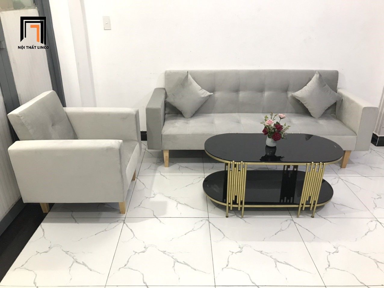 Bộ ghế sofa đa năng phòng khách NS02 vải nhung xám trắng