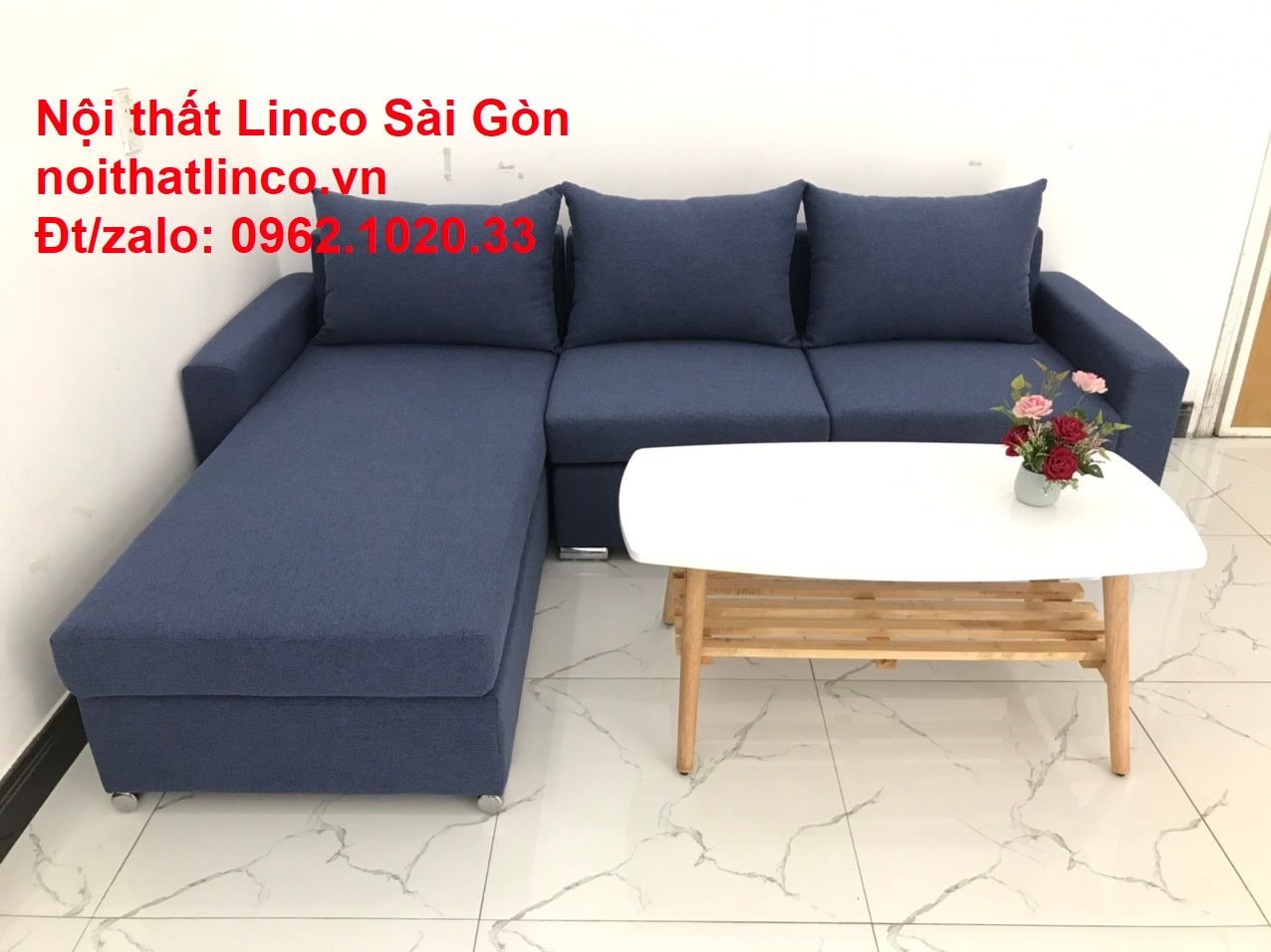 Bộ bàn ghế sofa góc L dài 2m2 x 1m6 màu xanh dương đậm giá rẻ