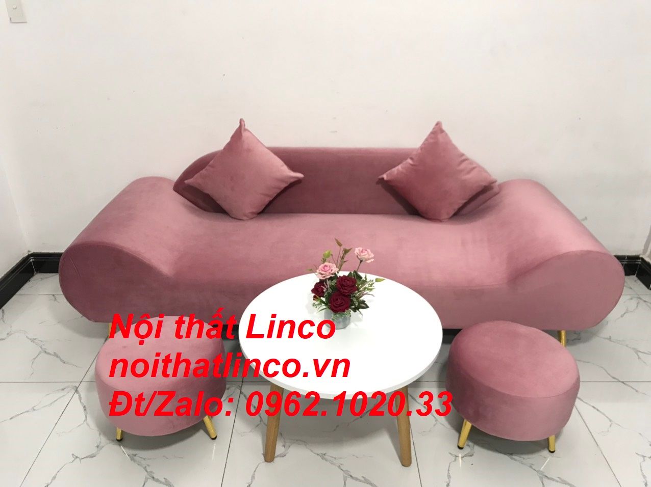 Bộ ghế sofa băng văng thuyền hồng hường cánh sen | Nội thất Linco HCM