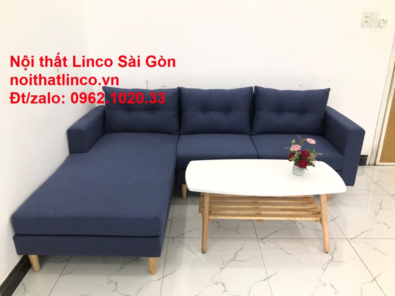 Bộ bàn ghế sofa góc L đẹp, sofa góc dài 2m2 x 1m6 nhỏ giá rẻ xanh dương đen | Nội thất Linco HCM