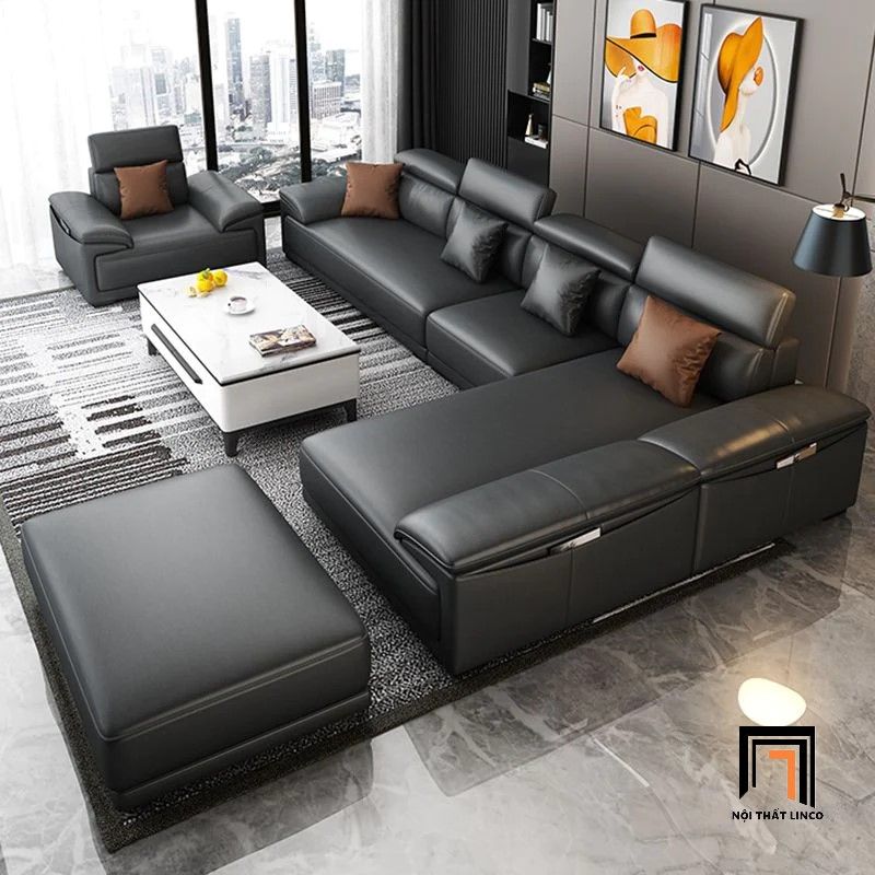 Bộ ghế sofa góc L sang trọng GT176 Souris 2m6 x 1m7 da giả đen