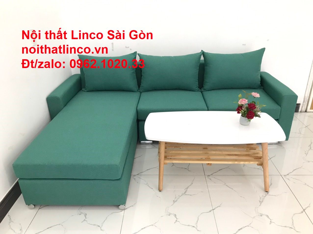 Bộ ghế sofa góc giá rẻ, ghế sofa góc vải màu xanh ngọc đẹp hiện đại | Nội thất Linco HCM Sài Gòn
