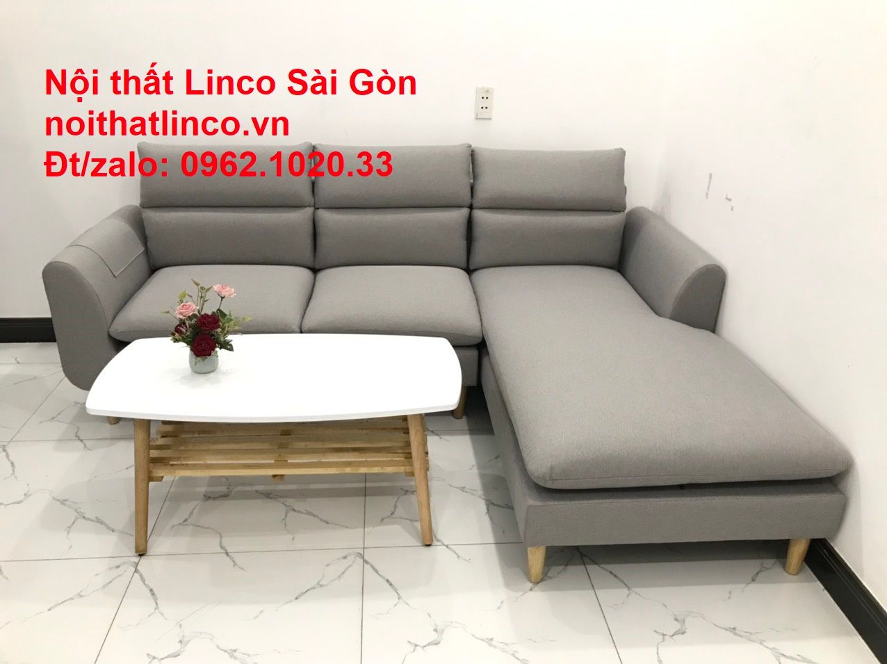 Bộ bàn ghế sofa góc chữ L | Salon sopha xám ghi trắng rẻ đẹp dài 2m2 | Nội thất phòng khách Linco Sài Gòn