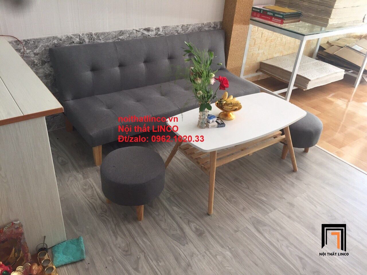 Bộ bàn ghế sofa giường bed SFG xám lông chuột đa năng