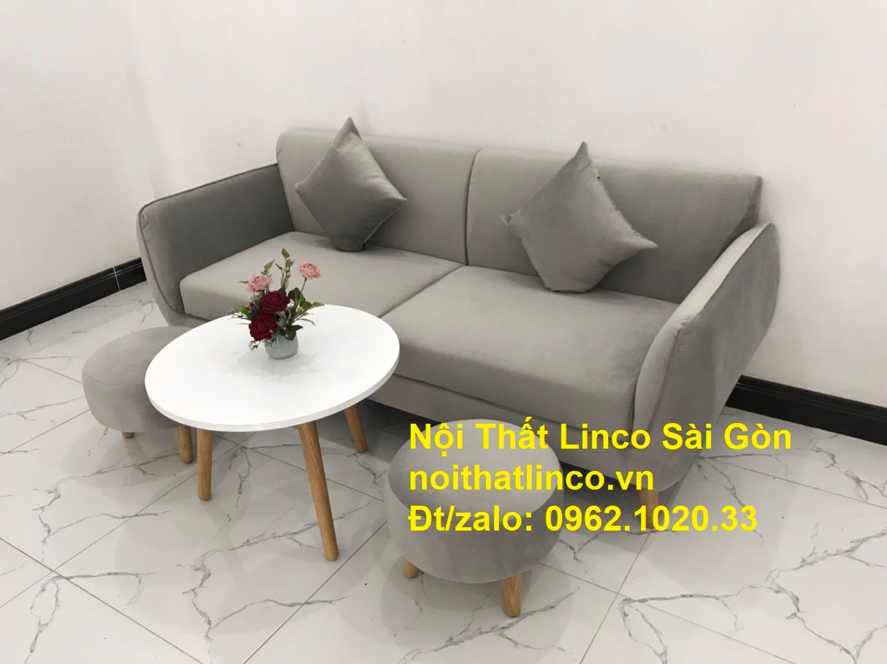 Bộ ghế salong băng dài 1m9 đẹp | Sofa văng xám lông chuột giá rẻ | Nội thất Linco Sài Gòn
