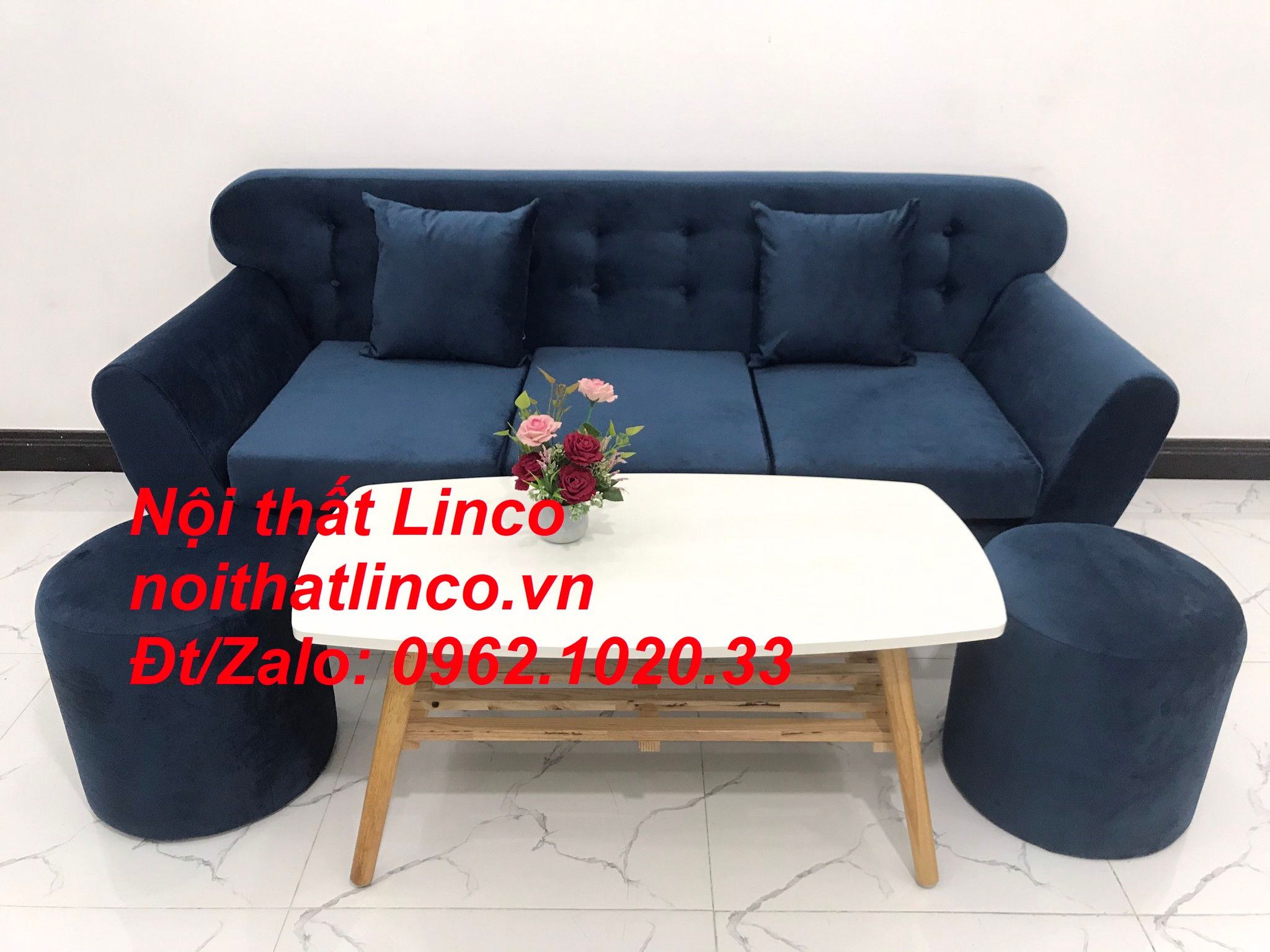 Bộ ghế sofa băng vải nhung BTC dài 1m9 xanh dương đen đậm