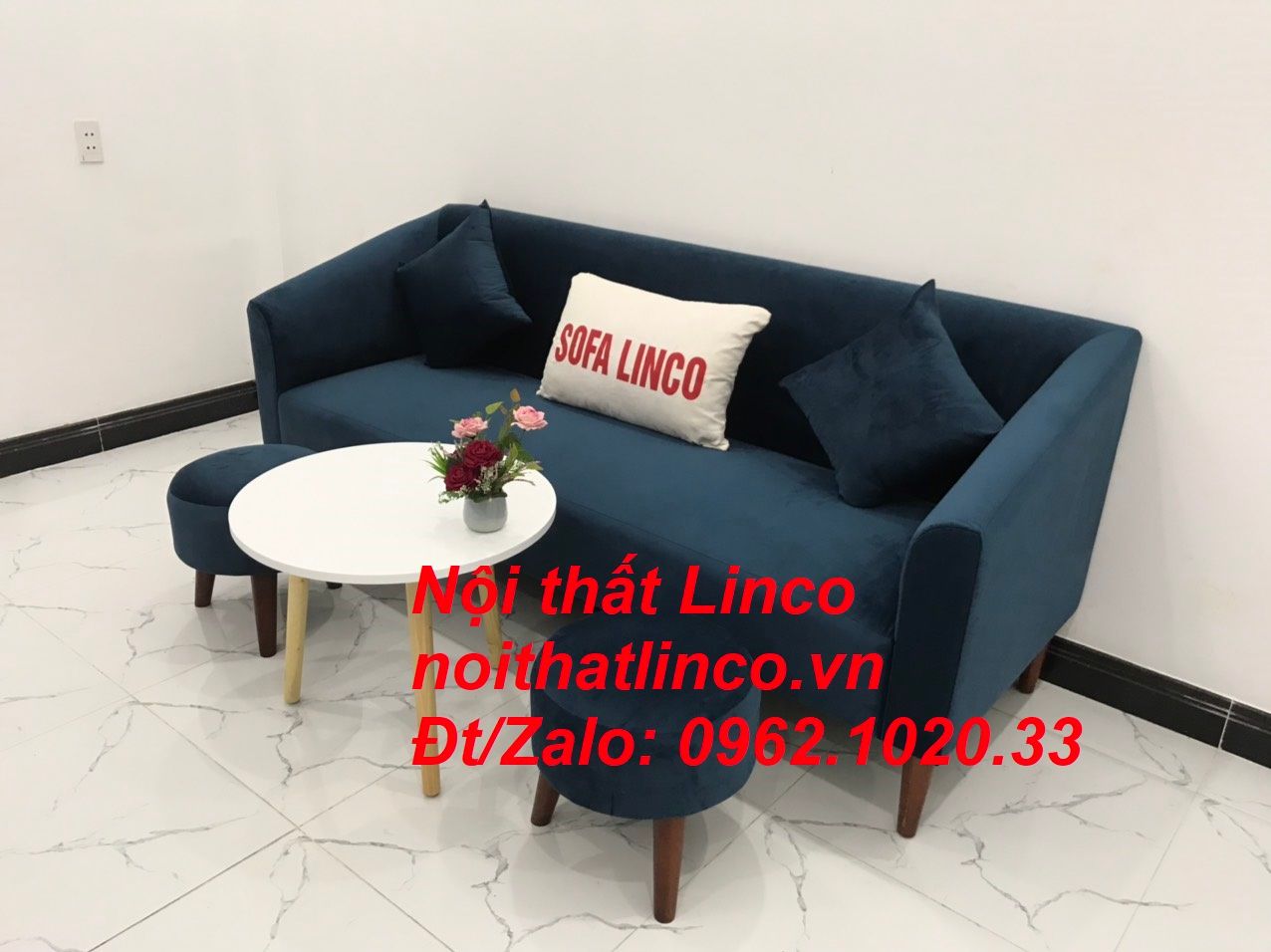 Bộ ghế sofa băng dài xanh dương đậm đen giá rẻ Nội thất Linco Sài Gòn