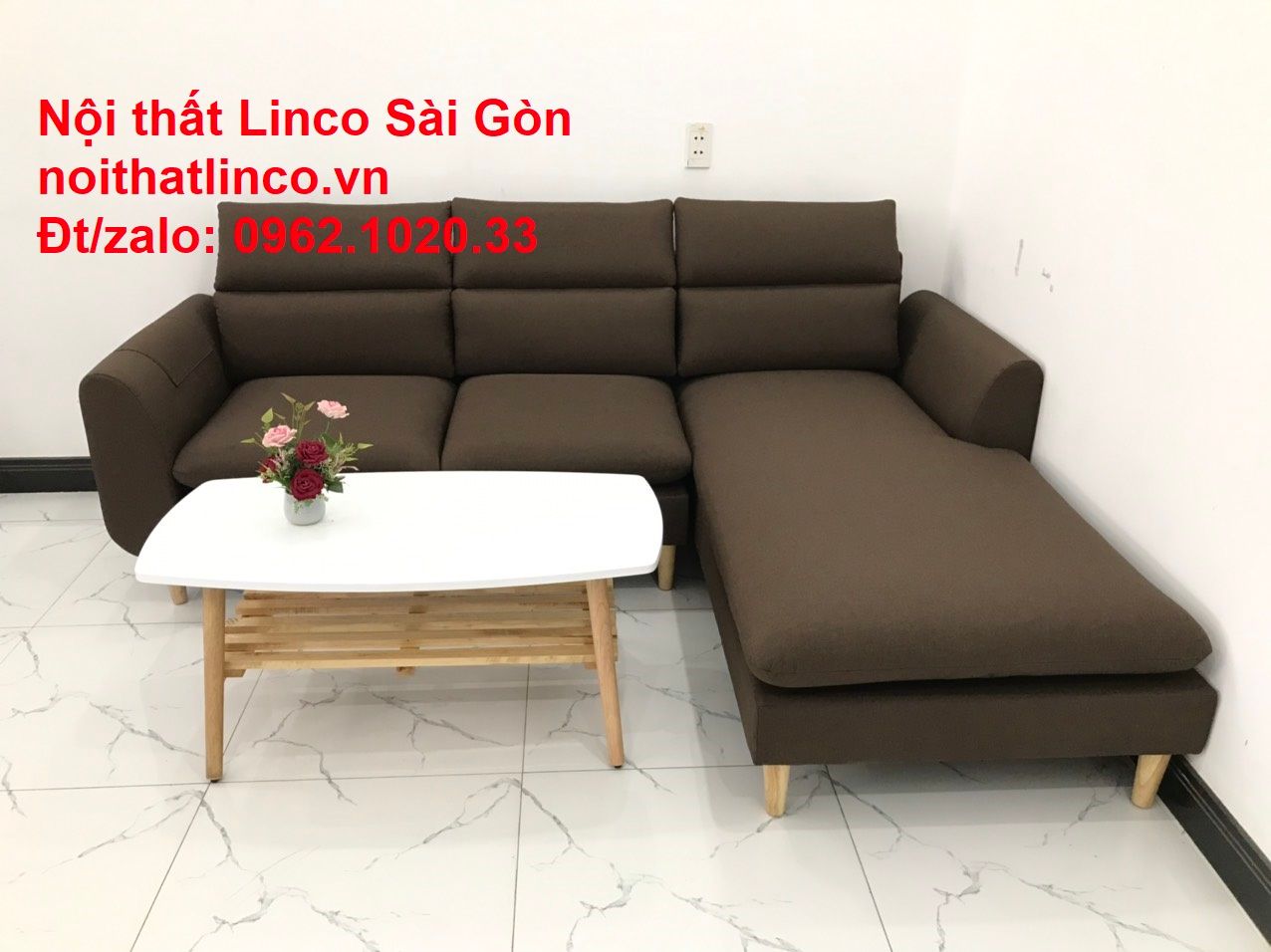 Bộ sofa góc chữ L rẻ | Sofa góc nâu cafe đen đậm giá rẻ đẹp phòng khách | Nội thất Linco HCM Sài Gòn