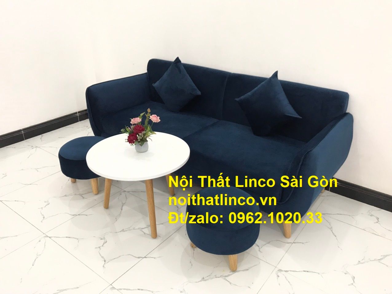 Bộ bàn ghế sofa băng văng xanh dương đậm giá rẻ Nội thất Linco Sài Gòn