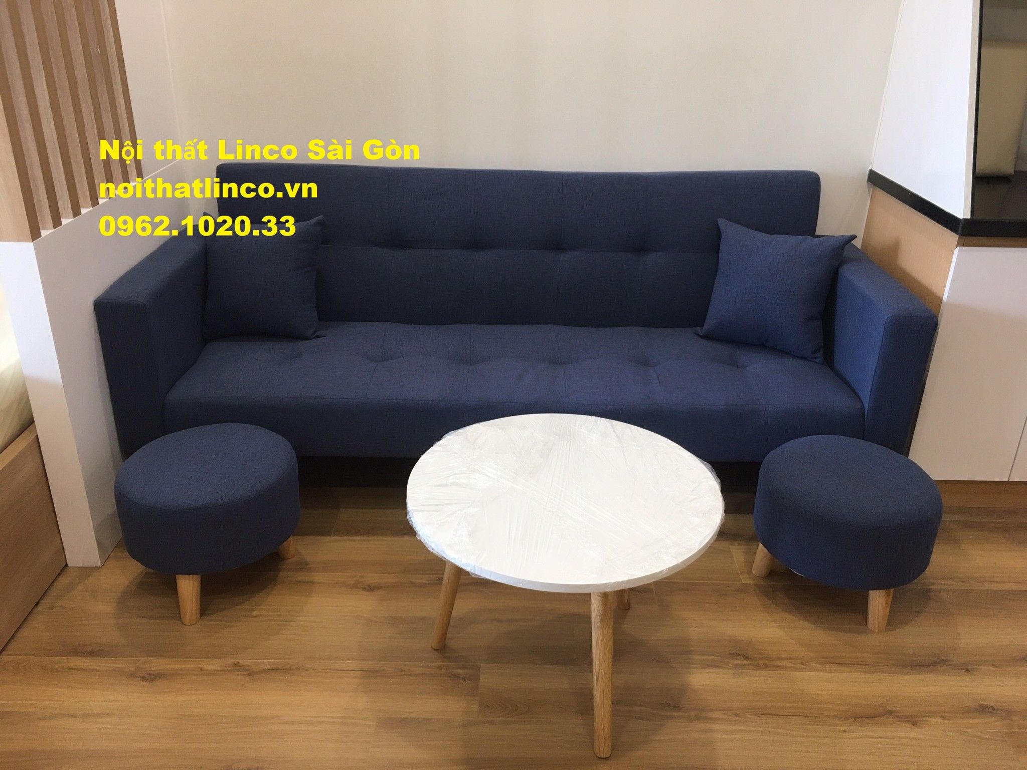 Bộ salon, sopha văng (băng) đa năng Xanh dương đậm vải bố phòng khách Sofa Linco SG