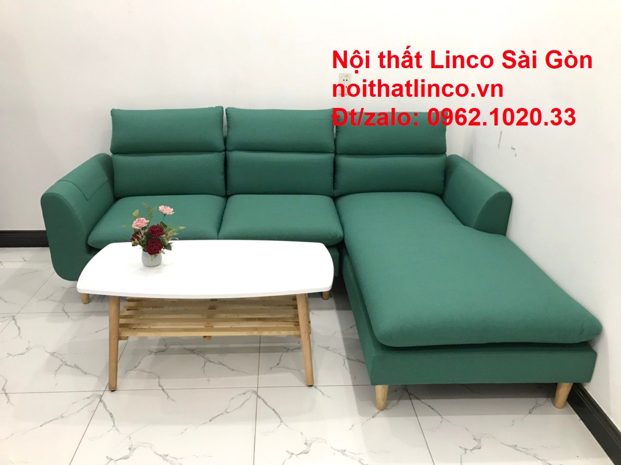 Ghế sofa góc chữ L giá rẻ | Sofa góc xanh ngọc lá cây đẹp | Nội thất Linco HCM Sài Gòn