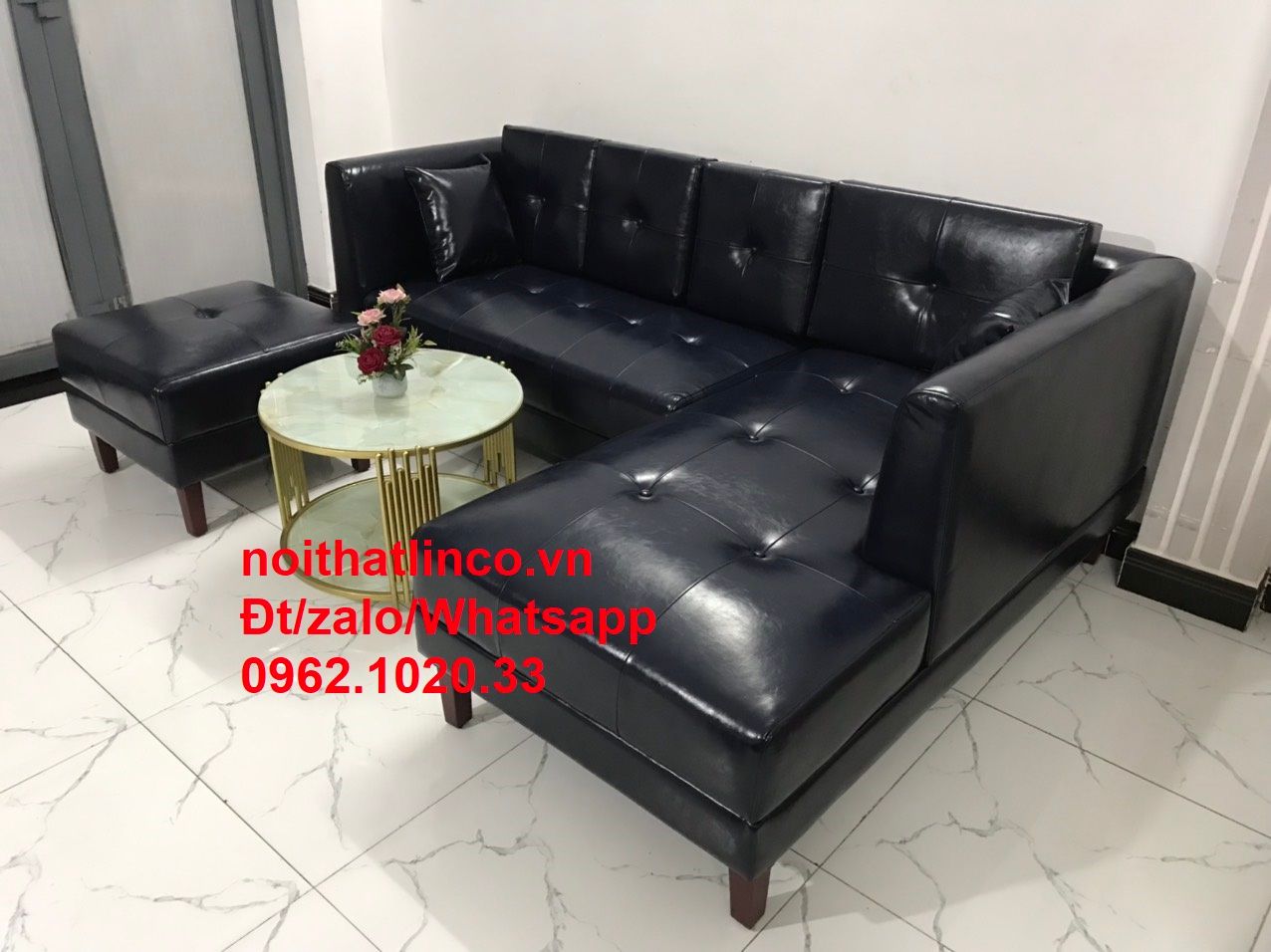 Bộ ghế sofa góc da giả 2m2 x 1m6 màu xanh than