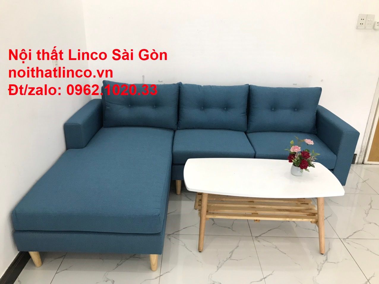 Bộ ghế sofa góc chữ L xanh dương nước biển đẹp hiện đại giá rẻ phòng khách | Nội thất Linco Tphcm