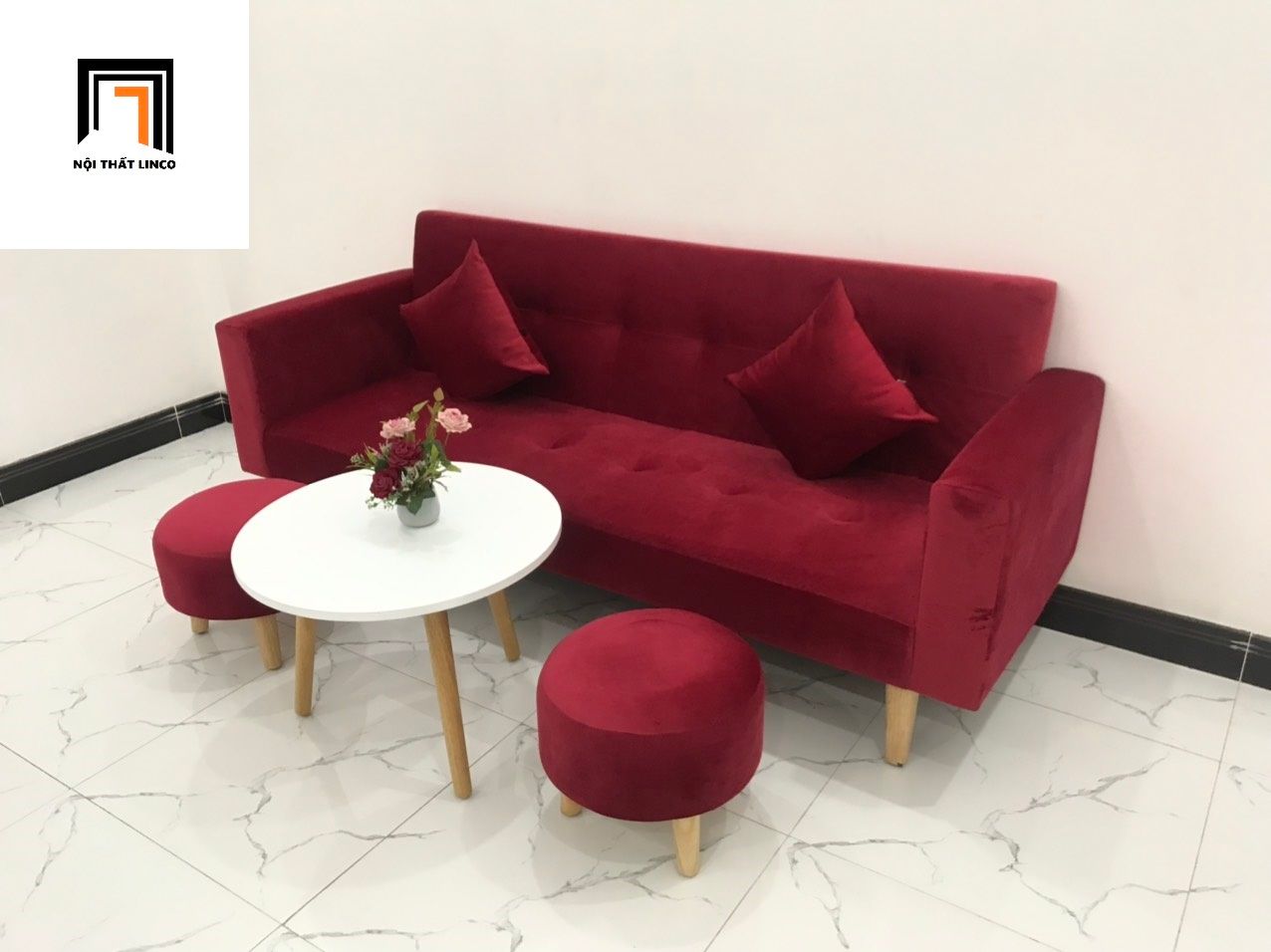 Bộ ghế sofa giường đa năng 2m màu đỏ vải nhung giá rẻ