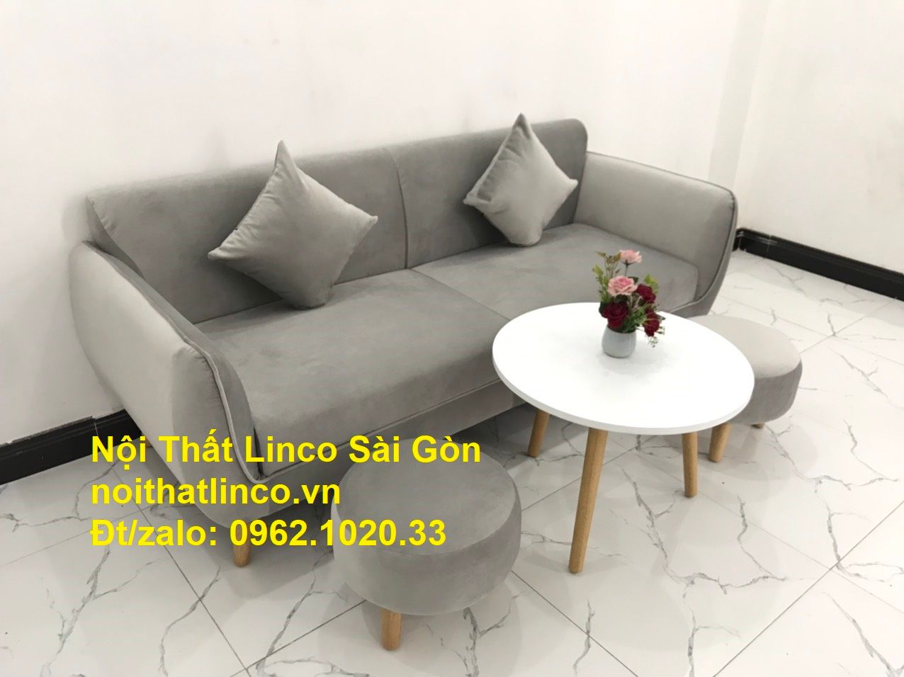 Bộ ghế salong băng dài 1m9 đẹp | Sofa văng xám lông chuột giá rẻ | Nội thất Linco Sài Gòn