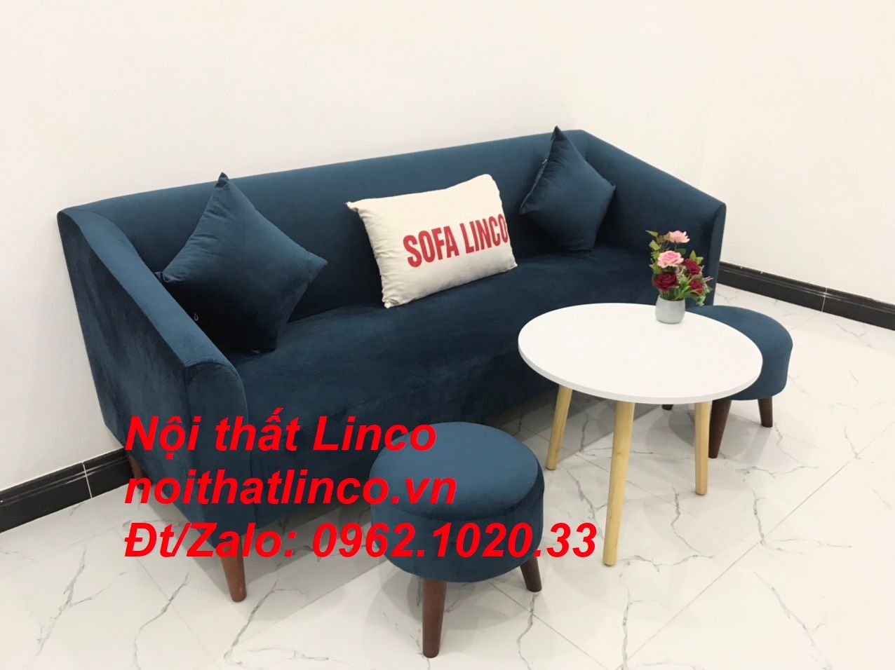 Bộ ghế sofa băng dài xanh dương đậm đen giá rẻ Nội thất Linco Sài Gòn