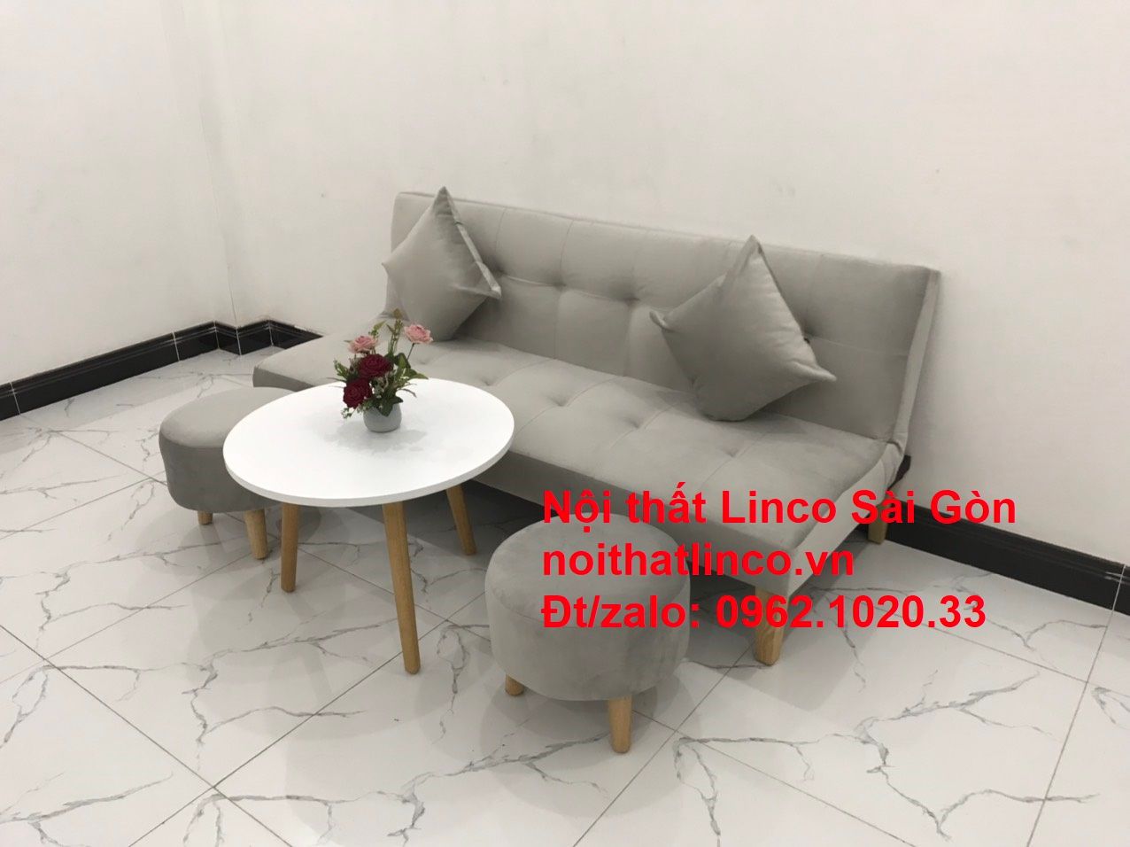 Bộ ghế sofa bed giường nằm nhỏ gọn 1m7 giá rẻ xám lông chuột vải nhung ở tại Nội thất Linco Sài Gòn