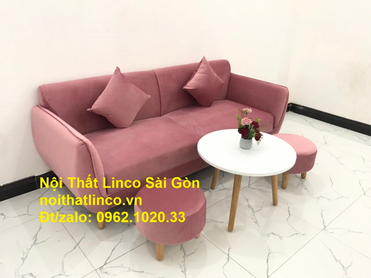 Mẫu sofa băng văng dài 1m9 giá rẻ | so pha Màu hồng phấn cánh sen đẹp ở tại Nội thất Linco Sài Gòn