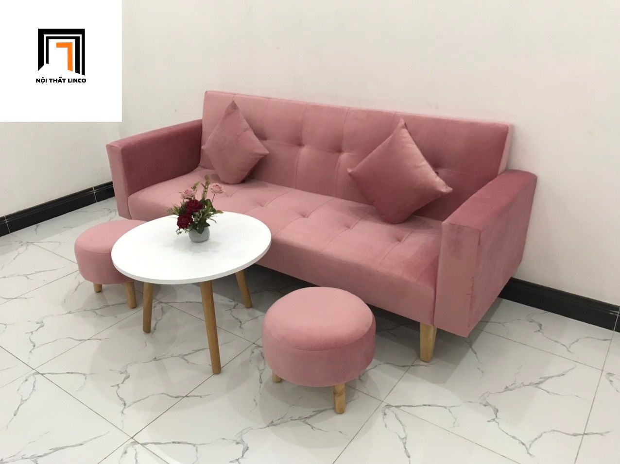 Bộ ghế sofa băng giường màu hồng phấn dài 2m giá rẻ