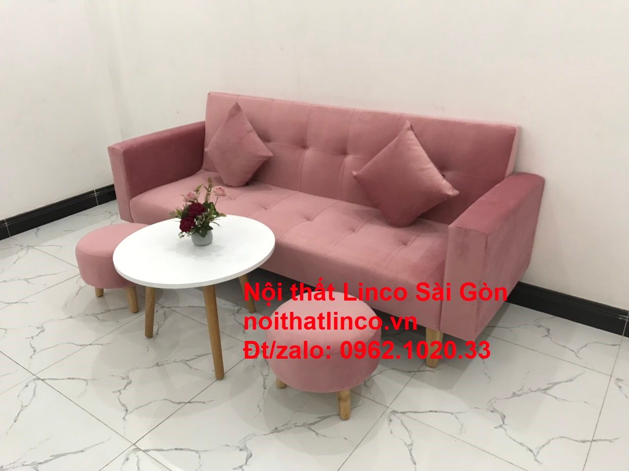 Bộ ghế sofa giường giá rẻ | Salong sopha màu hồng phấn đẹp phòng khách | Nội Thất Linco Sài Gòn