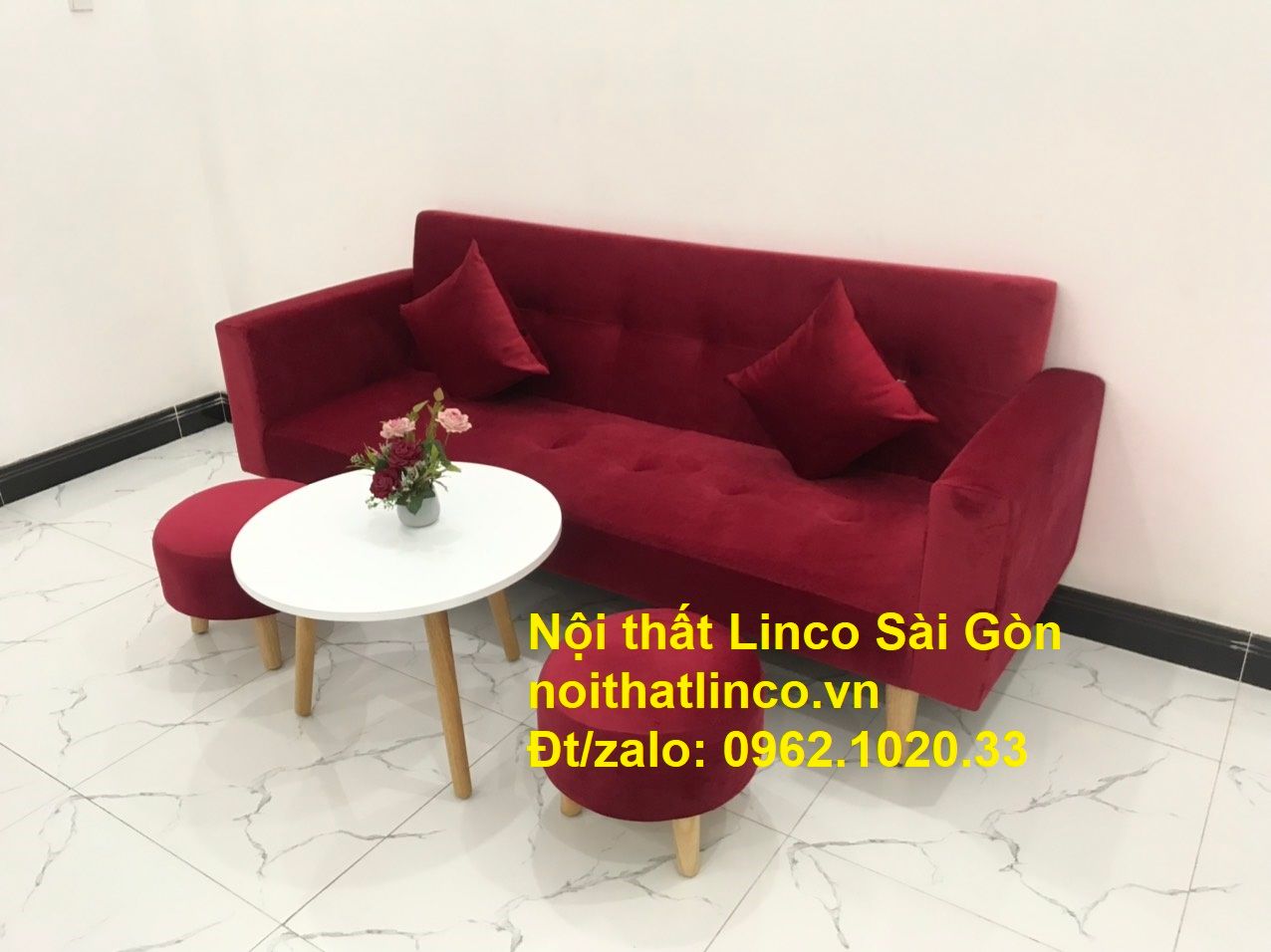 Bộ ghế sofa giường đa năng màu đỏ vải nhung rẻ đẹp | Nội thất Linco Sài Gòn