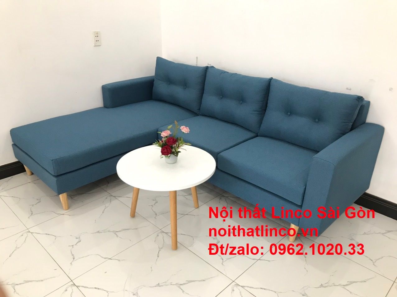 Bộ ghế sofa góc chữ L xanh dương nước biển đẹp hiện đại giá rẻ phòng khách | Nội thất Linco Tphcm