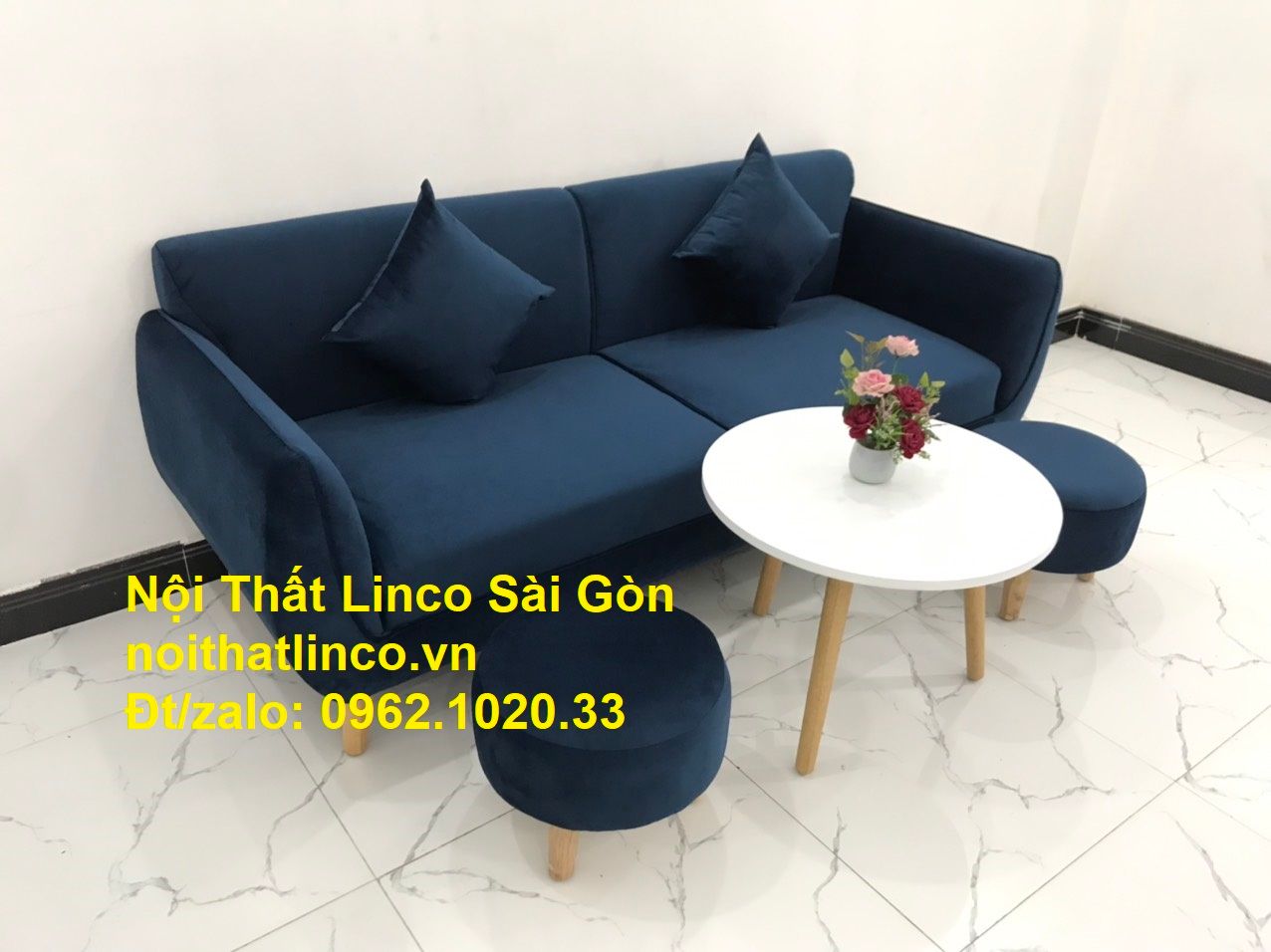 Bộ bàn ghế sofa băng văng xanh dương đậm giá rẻ Nội thất Linco Sài Gòn