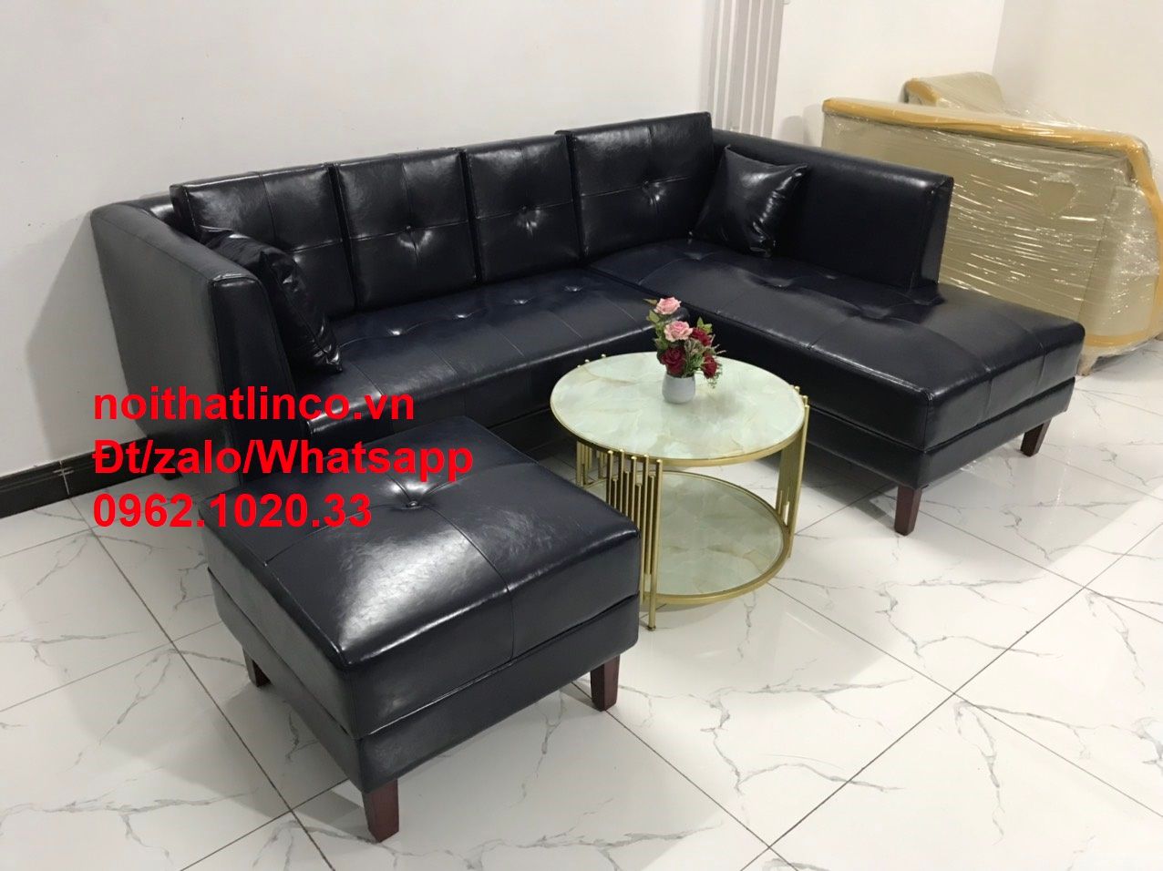 Bộ ghế sofa góc da giả 2m2 x 1m6 màu xanh than