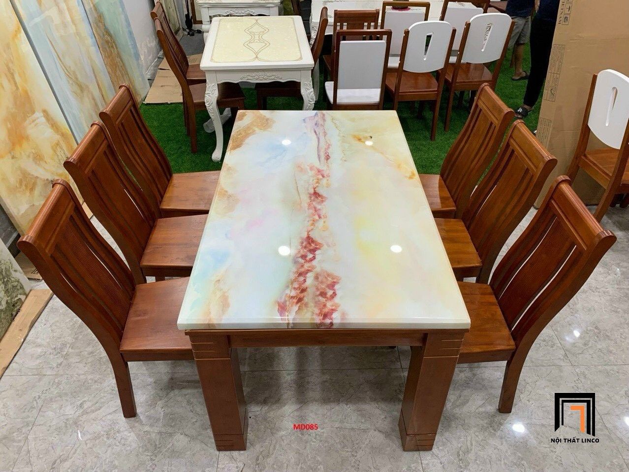 Bộ bàn ghế ăn màu nâu GF14-BAD6-G300-B354 mặt đá dày 1m6
