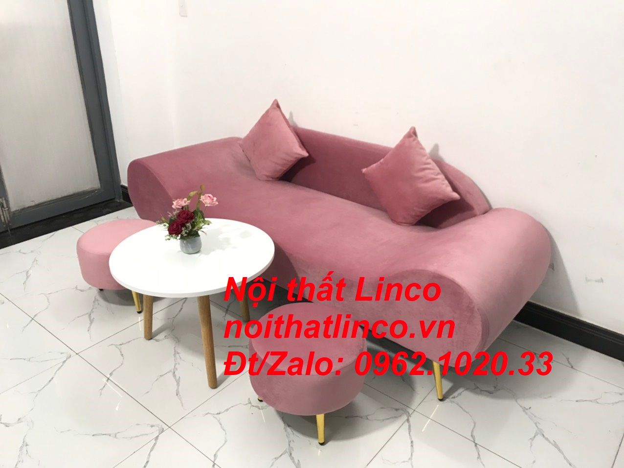 Bộ ghế sofa băng văng thuyền hồng hường cánh sen | Nội thất Linco HCM