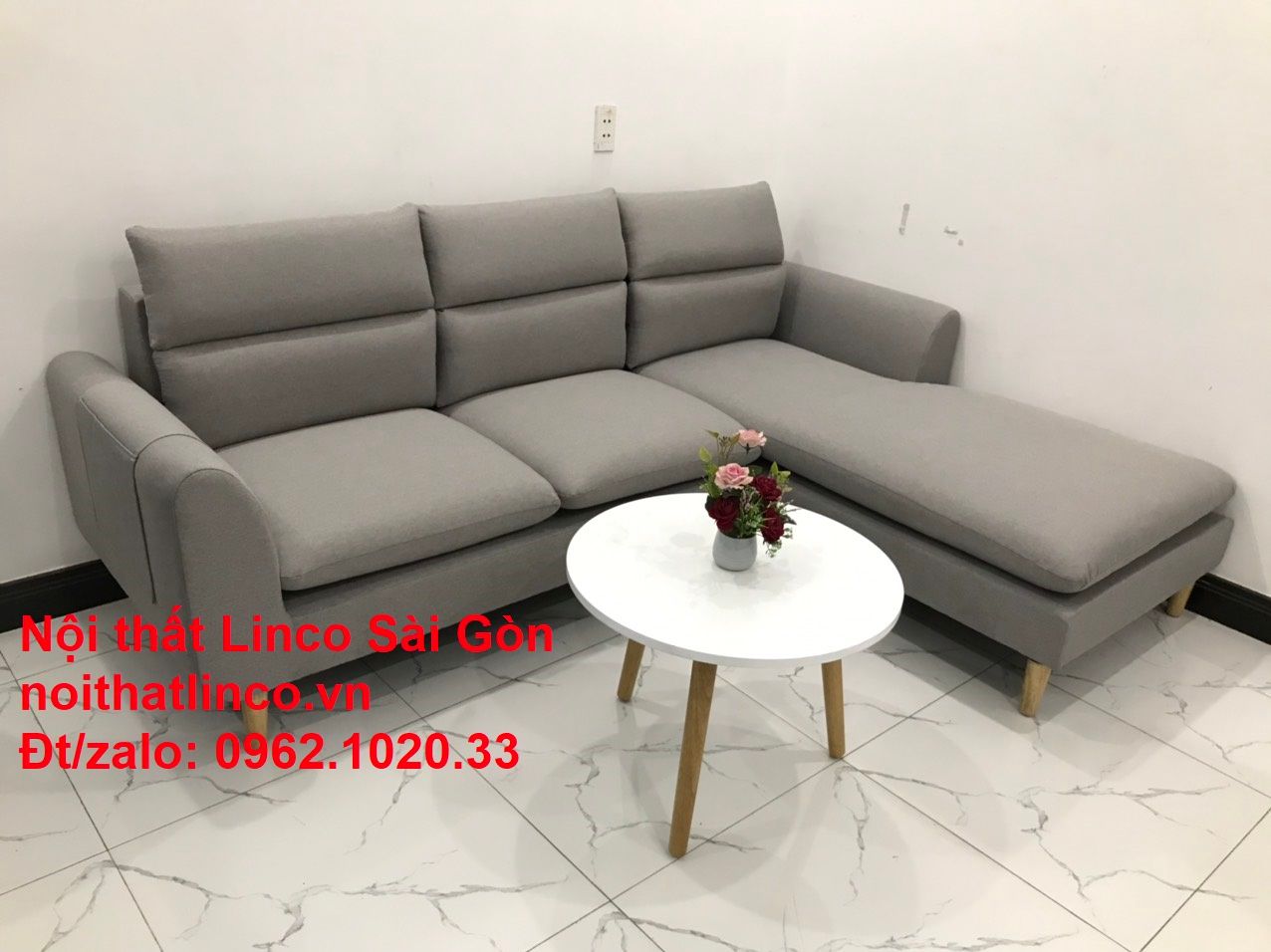 Bộ bàn ghế sofa góc chữ L | Salon sopha xám ghi trắng rẻ đẹp dài 2m2 | Nội thất phòng khách Linco Sài Gòn