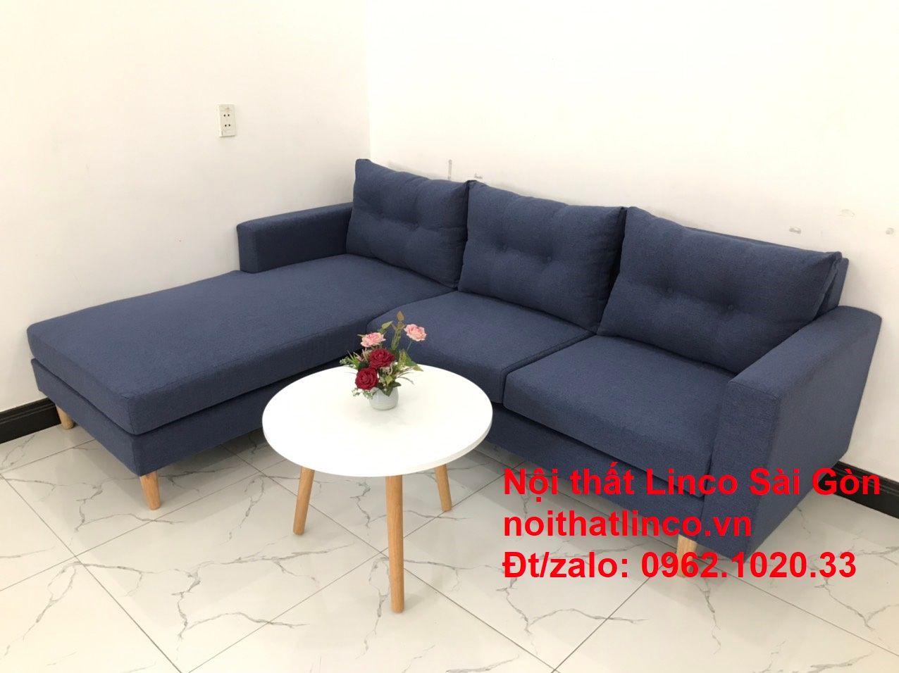 Bộ bàn ghế sofa góc L đẹp, sofa góc dài 2m2 x 1m6 nhỏ giá rẻ xanh dương đen | Nội thất Linco HCM