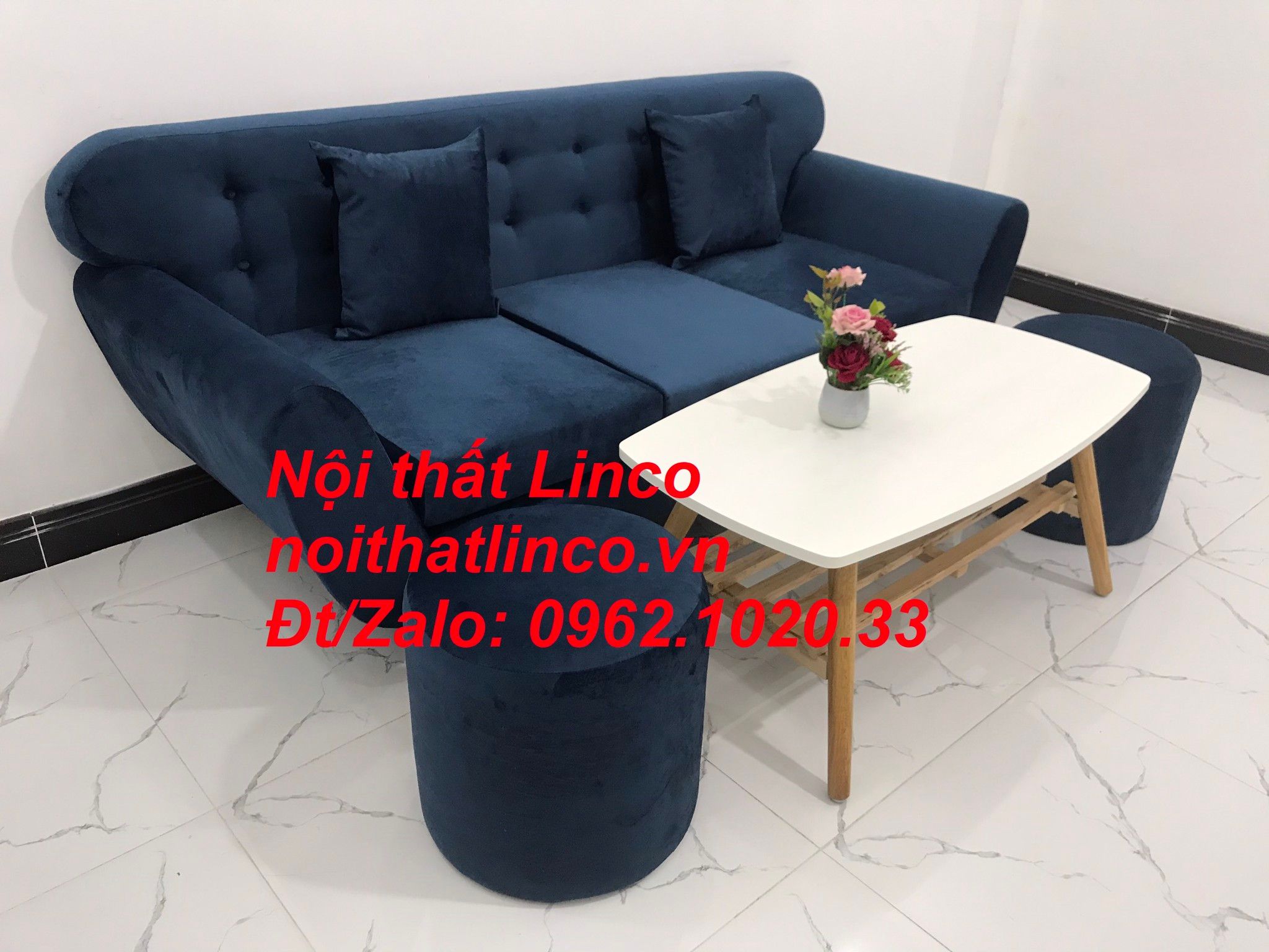 Bộ ghế sofa băng vải nhung BTC dài 1m9 xanh dương đen đậm