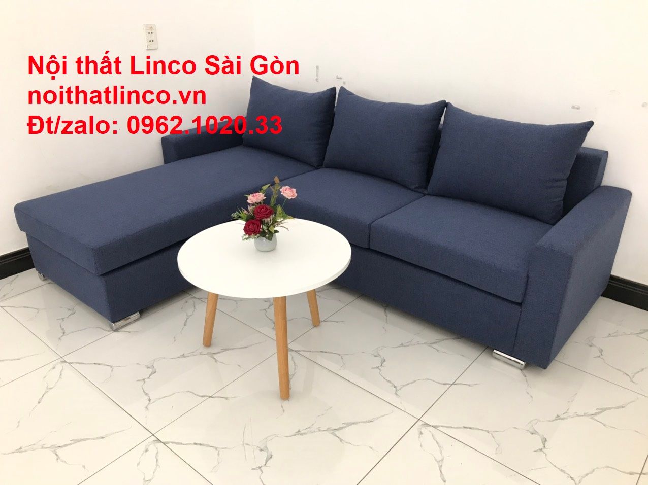 Bộ bàn ghế sofa góc L đẹp, sofa góc dài 2m2 nhỏ rẻ xanh dương đen | Nội thất Linco Tphcm