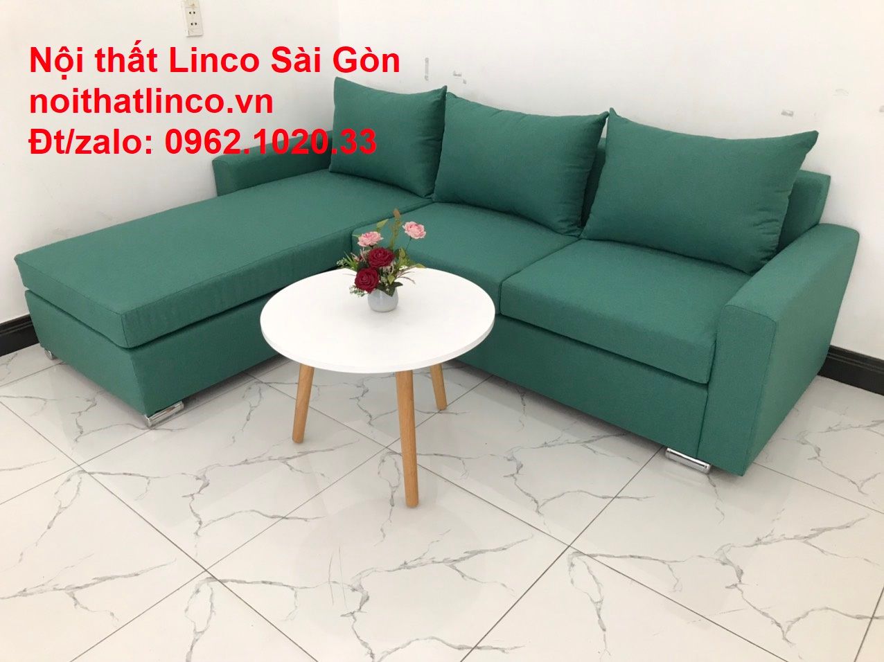 Bộ ghế sofa góc giá rẻ, ghế sofa góc vải màu xanh ngọc đẹp hiện đại | Nội thất Linco HCM Sài Gòn