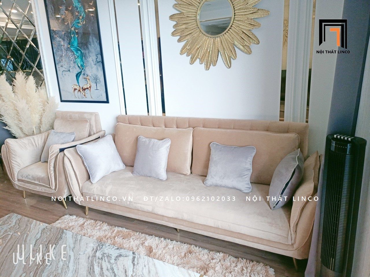 Bộ ghế sofa màu trắng kem KT30 Krow vải nhung nỉ