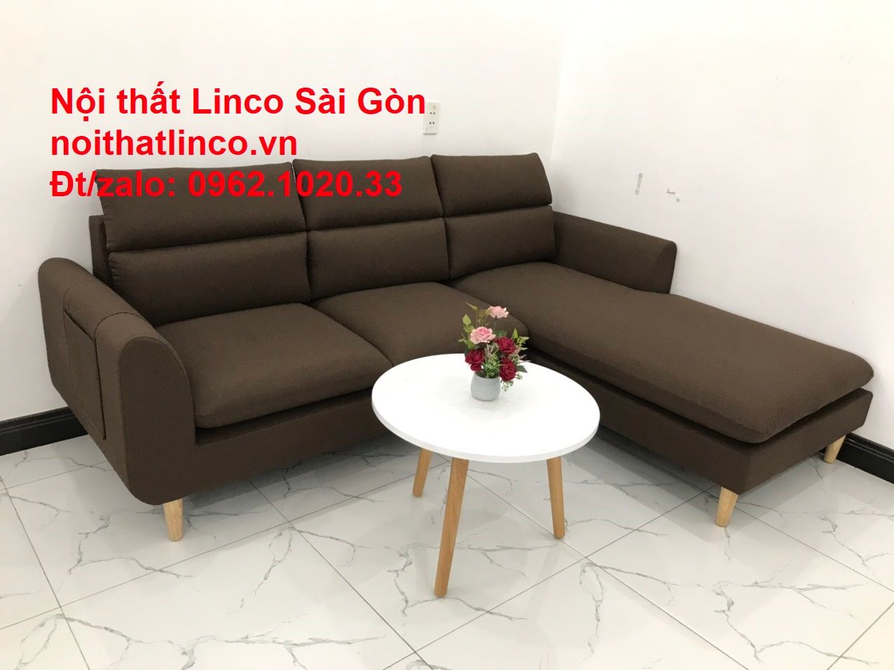 Bộ sofa góc chữ L rẻ | Sofa góc nâu cafe đen đậm giá rẻ đẹp phòng khách | Nội thất Linco HCM Sài Gòn