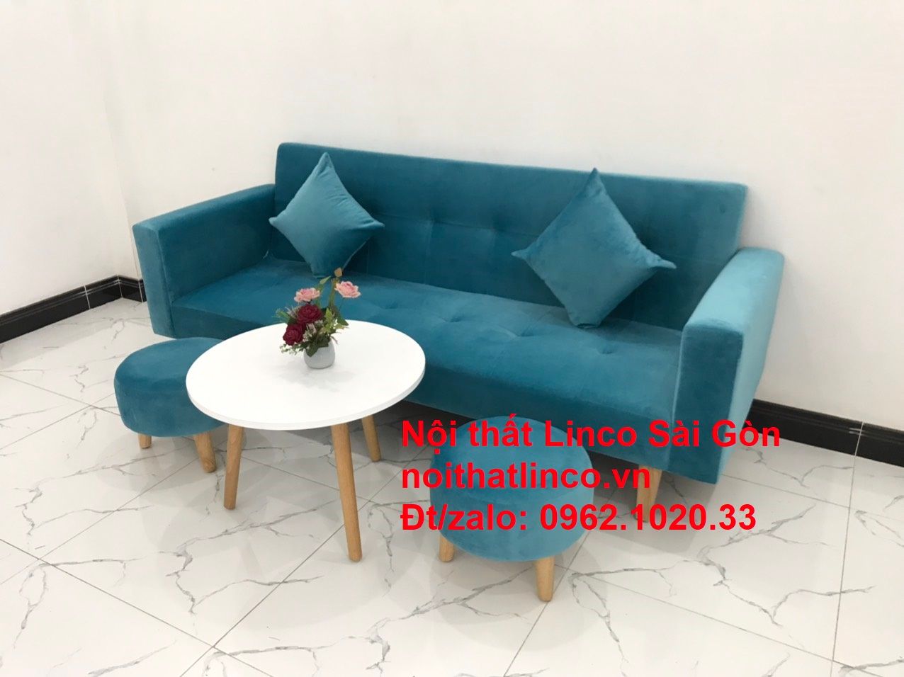 Bộ ghế sofa giường giá rẻ dài 2m màu xanh nước biển cho chung cư
